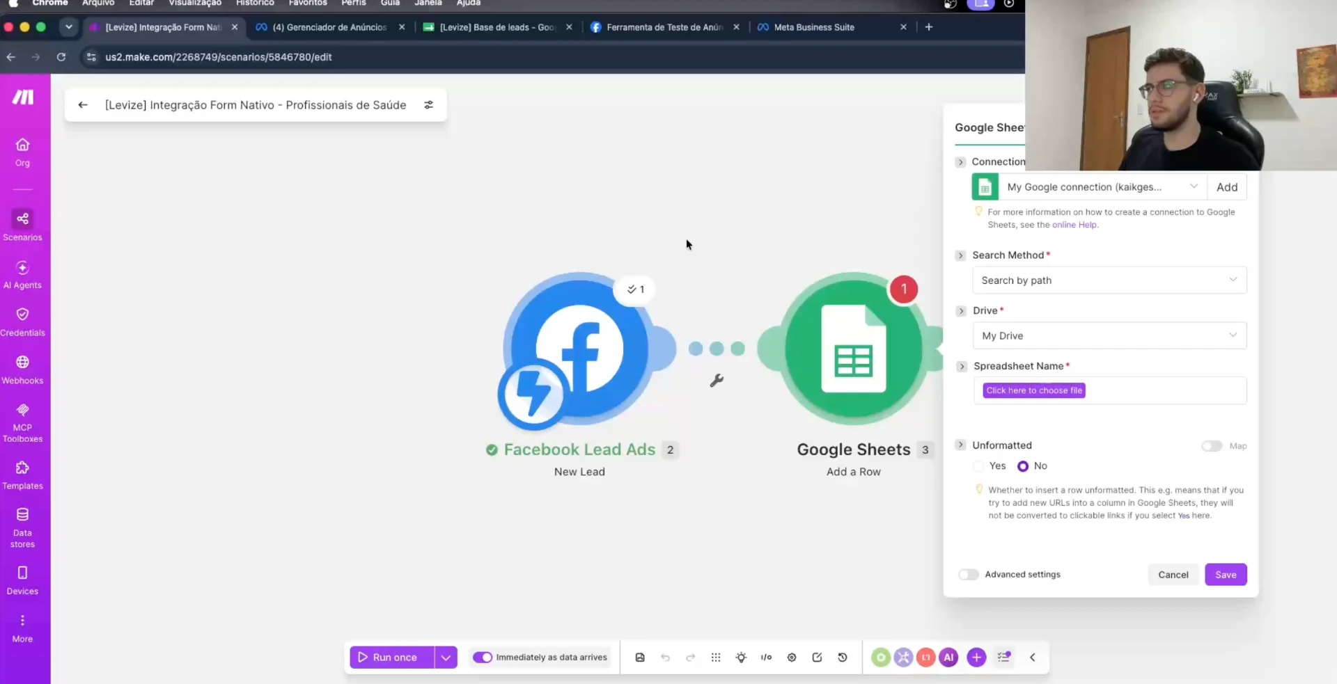 Cenário de automação no Make integrando Meta Ads e Google Sheets